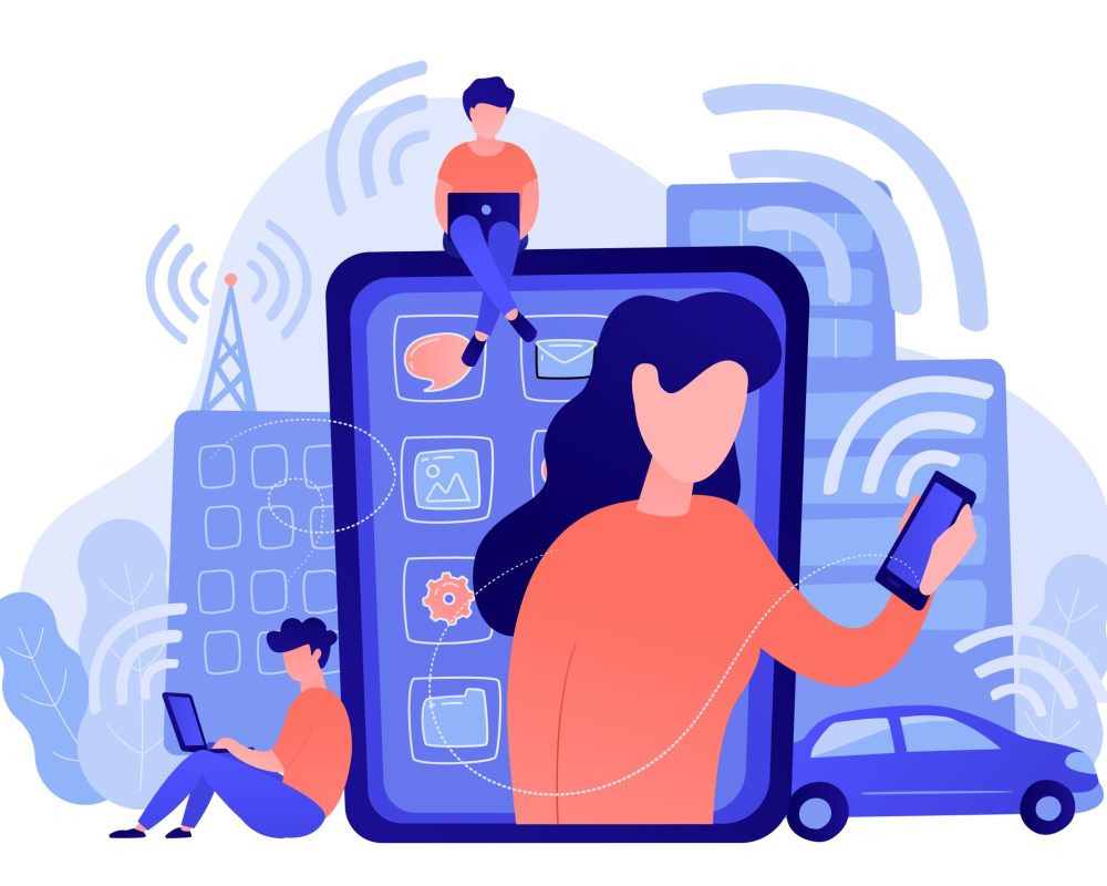 People using different electronic devices such as smartphone, laptop, tablet. Radio fields, electromagnetic pollution, radiation concept, pinkish coral blue palette. Vector illustration on white background.